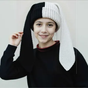 Color-block rabbit long ear knit hat, cute winter warm beanie for women and teen girls.