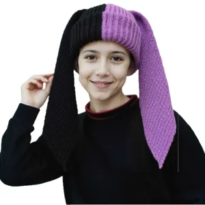 Cute color-block rabbit long ear knitted beanie hat for women and girls winter warm.