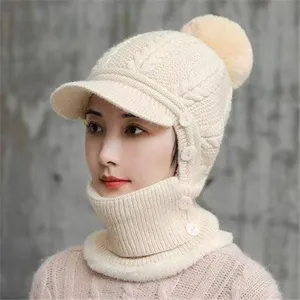 Thickened fleece-lined knitted hat with visor and integrated neck warmer for women.
