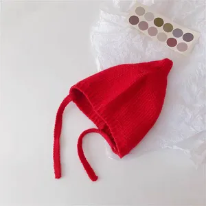 Bonnet tricoté rouge pour bébé nouveau-né hiver chaud mignon chapeau avec ficelles