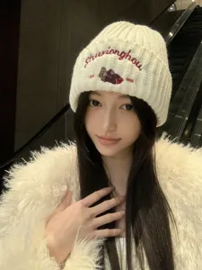 Cute cartoon bear embroidered winter knitted beanie hat warm wool hat for women stylish