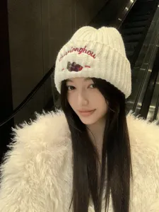 Cute cartoon bear embroidered knit hat for women, thick warm wool winter beanie, casual streetwear.