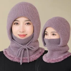 Women winter knitted warm integrated hat plush thick beanie cycling cap scarf set