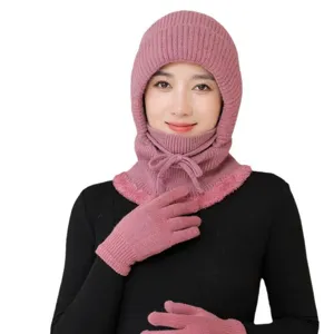 Women winter warm knitted hat scarf mask integrated set with gloves thick fleece lined pink