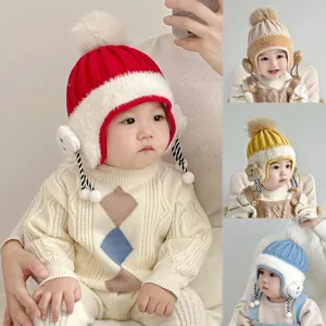 Cute baby winter knit hat with earflaps and pom pom warm toddler beanie cap for cold weather