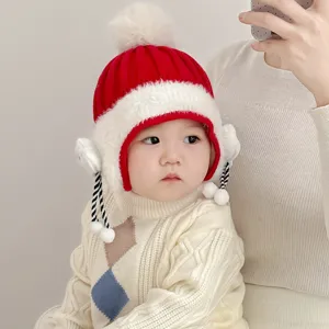 Baby winter knitted hat with earflaps and pom pom warm cute infant beanie cap for cold days
