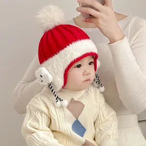 Infant winter knitted beanie cute red white pom pom earflap baby hat cozy warm