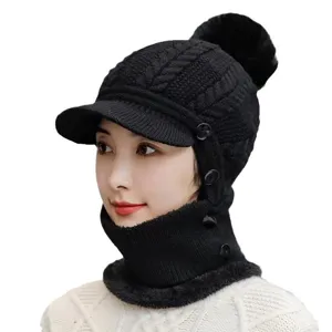 Winter knitted hat with visor and neck warmer, thickened plush lined beanie for women.