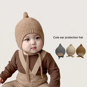 Bébé Chaud Bonnet Tricoté Mignon Dessus Pointu Coupe-vent Nouveau-né Chapeau Couleur Unie Thermique Pour Automne Hiver