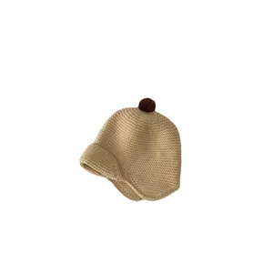 Cute baby knit hat toddler winter warm beanie with pom pom and ear flaps in solid khaki color.