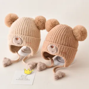 Cute Baby Winter Warm Knitted Beanie Hat Bear Embroidery Double Pom Poms Ear Protection Infant Cap