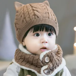 Infant winter knit hat fleece lined scarf set toddler warm cute cat ear cap detail