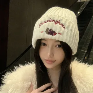 Korean Style Winter Warm Knit Beanie Hat Cute Bear Embroidery Thickened Cold-Proof Ear Protection Casual Cap For Women