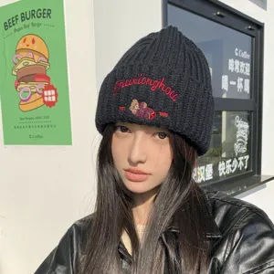 Women black knitted beanie hat with cute bear embroidery, warm winter casual thick wool cap.