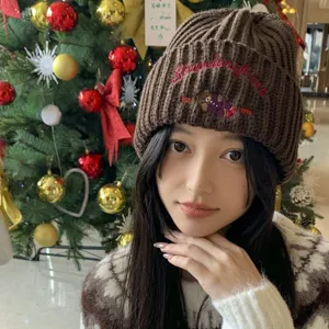 Brown knitted beanie hat for women winter warm cute bear embroidery casual soft headwear