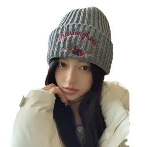 Cute cartoon bear knitted beanie for women winter warm wool hat stylish Korean fashion headwear