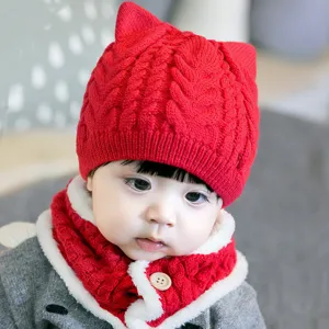 Cute baby red knitted cat ear hat with warm scarf set, thick winter toddler beanie cap.