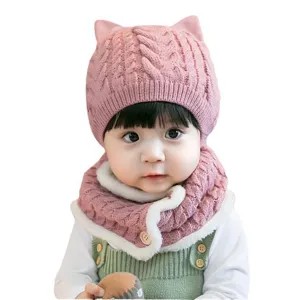 Cute baby winter knit hat and scarf set with cat ears, thick warm baby toddler beanie cap pink.