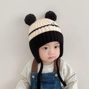 Cute baby winter knitted earflap hat with double pom-poms, warm thermal toddler beanie cap.