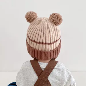 Baby warm winter knit earflap hat cute pom pom infant toddler beanie detail display