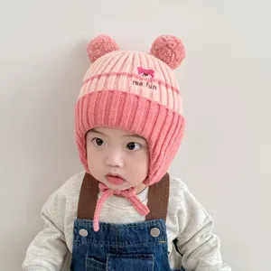 Cute baby winter knit hat with ear flaps pom poms pink warm infant fleece cap for boys girls