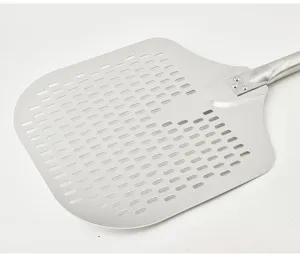 Perforated aluminum pizza peel detail, metal baking tool with long handle for home use.