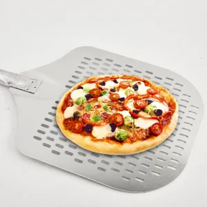 Aluminum pizza peel with perforated design and detachable handle for baking, large size.