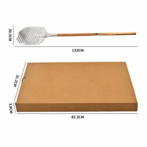 Aluminium pizza peel with long wooden handle, perforated baking tool for home and commercial use.