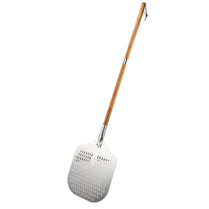 Perforated pizza peel with long wooden handle, aluminum metal blade for baking homemade pizza.