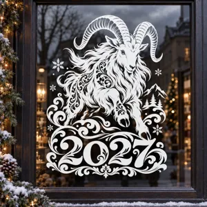2027 Year of the Goat static window sticker, delicate white decal for holiday glass decoration.