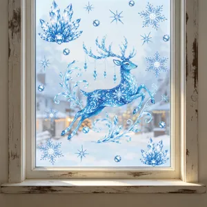 Christmas Window Static Sticker Winter Snow Flake Blue Deer Glass Decal Holiday Party Home Mall Decor