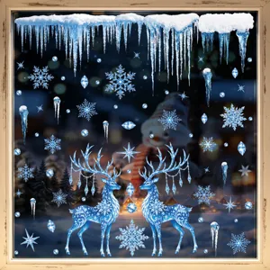 Pegatinas de Ventana de Navidad Copo de Nieve Azul Alce Adhesivos Estáticos Calcomanías de Vidrio de Nieve de Invierno Para Decoración de Hogar de Vacaciones
