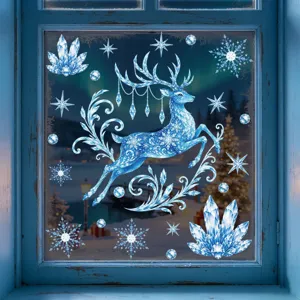 Christmas blue crystal deer window stickers winter snowflake glass decor for holiday home.