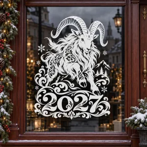 2027 Year Of The Sheep Static Glass Window Sticker White Hollow Design Chinese Zodiac Sheep Snowflake Pattern New Year Festive Decor For Home Shop Window Decoration