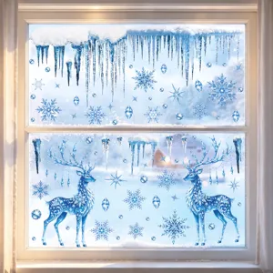 Pegatinas de ventana de navidad ciervos azules copos de nieve decoracion de vidrio