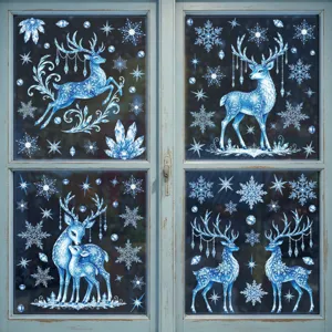 Navidad ciervos azules copos de nieve pegatinas ventana invierno decoracion vidrio.