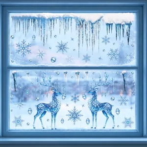 Navidad pegatinas de ventana ciervo azul copo nieve estático invierno decoración cristal