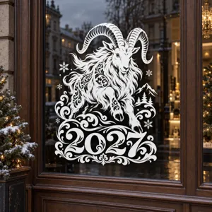 2027 Year of the Ram window sticker, electrostatic glass decal for New Year home store decor.