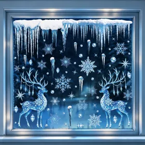 Pegatinas de ventana de Navidad de ciervo azul copo de nieve vinilo estático de vidrio