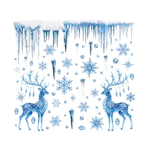 Navidad invierno nieve ciervo pegatinas de ventana de vidrio copo de nieve azul calcomania