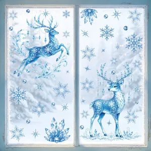 Pegatinas de ventana de Navidad ciervo azul de invierno copo de nieve vidrio