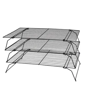 3-tier stackable cooling rack for baking cakes, cookies, and bread with foldable wire design.