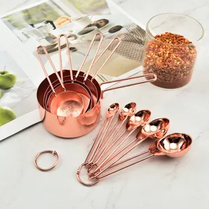 Rose Gold Stainless Steel Measuring Cups And Spoons Kitchen Baking Tools With Graduated Line Handle And Metal Storage Ring