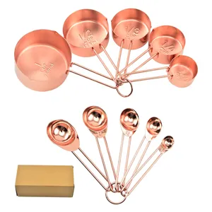 10-piece rose gold stainless steel measuring cups and spoons set for baking and cooking.