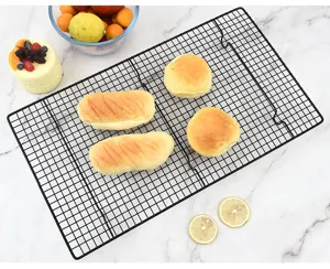 Black wire cooling rack for baking, durable metal grid for cookies, bread, cakes, and pastries.