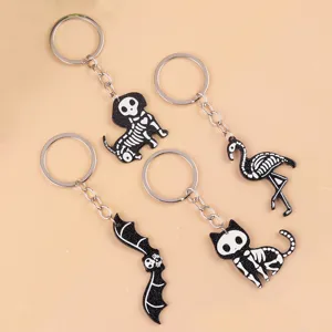 Halloween skeleton animal acrylic keychain set featuring cat, bat, dog and flamingo pendants.