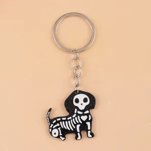 Cute skeleton dog acrylic keychain, Halloween spooky style pendant for keys and bags accessory.