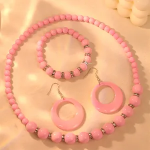Trendy pink acrylic bead necklace bracelet and earrings set sweet candy style jewelry