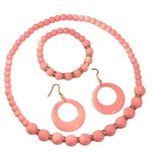 Pink beaded necklace bracelet and earrings set candy color acrylic fashion jewelry main view
