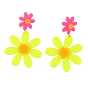 Boucles d'oreilles pendantes tournesol acrylique rose jaune fluo mode bijoux femme